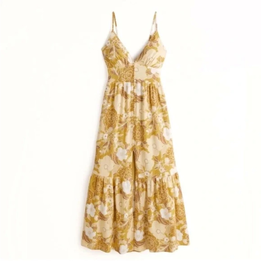 Abercrombie & Fitch Linen Yellow Brown Floral Print Button Front Maxi Dress S
